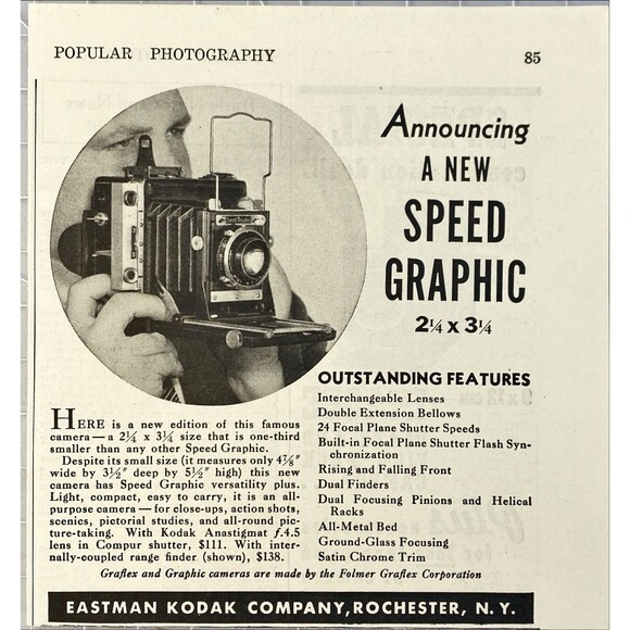 Eastman Kodak Speed Graphic 2.25 x 3.25 Camera " Outstanding" Vtg Print Ad 1938 - Picture 1 of 3